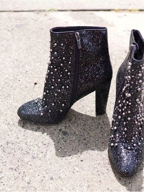 Jessica Simpson Starlite Glitter Pearl Ankle Black Glam Block Heel Booties 8.5M